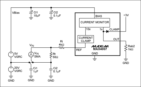 圖2. 該電路測試MAX4007的工作速度