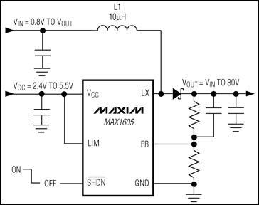 MAX1605內置30V開關的LCD偏置電源的應用電路 www.3532n.com