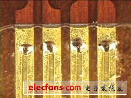 圖9、厚度為0.008英寸的銅質(zhì)扁平導(dǎo)線被焊接到0.008英寸厚鍍層銅質(zhì)引線框上。