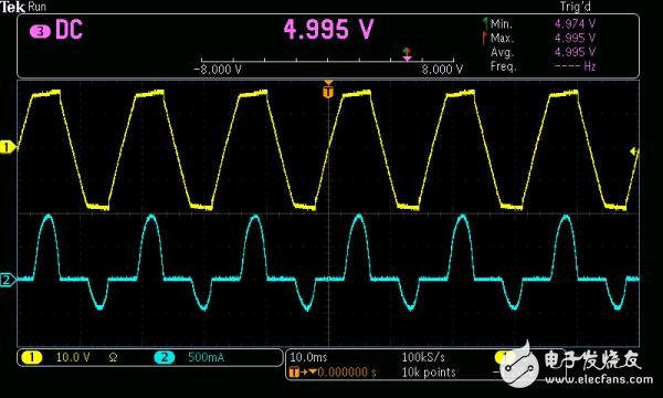 圖6： 使用DVM監(jiān)測DC輸出電壓。AC輸入電壓波形用黃色顯示，電流波形用藍(lán)色顯示。