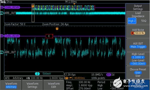 圖5： 捕獲串行接收機(jī)輸出上漏掉的串行數(shù)據(jù)包，表明誤碼。